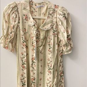 Reformation Cream Floral Mini Dress with Pink Roses and Green Stripes